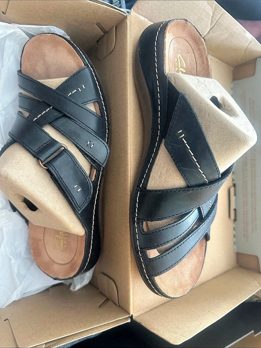 Clarks Cecily Slide Leather Slide Sandals Black & Brown US 7 M Like New